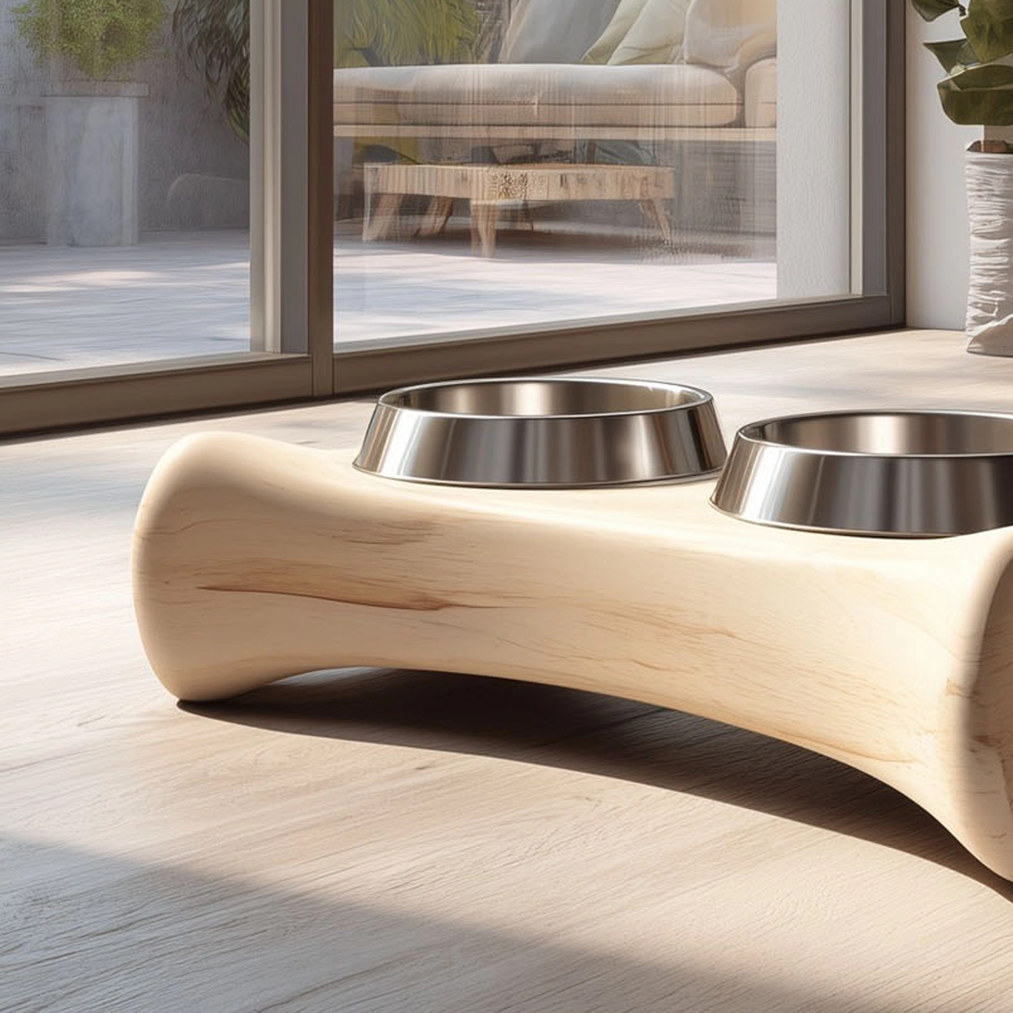 Sculptural Wooden Double Pet Bowl Stand - Image 3