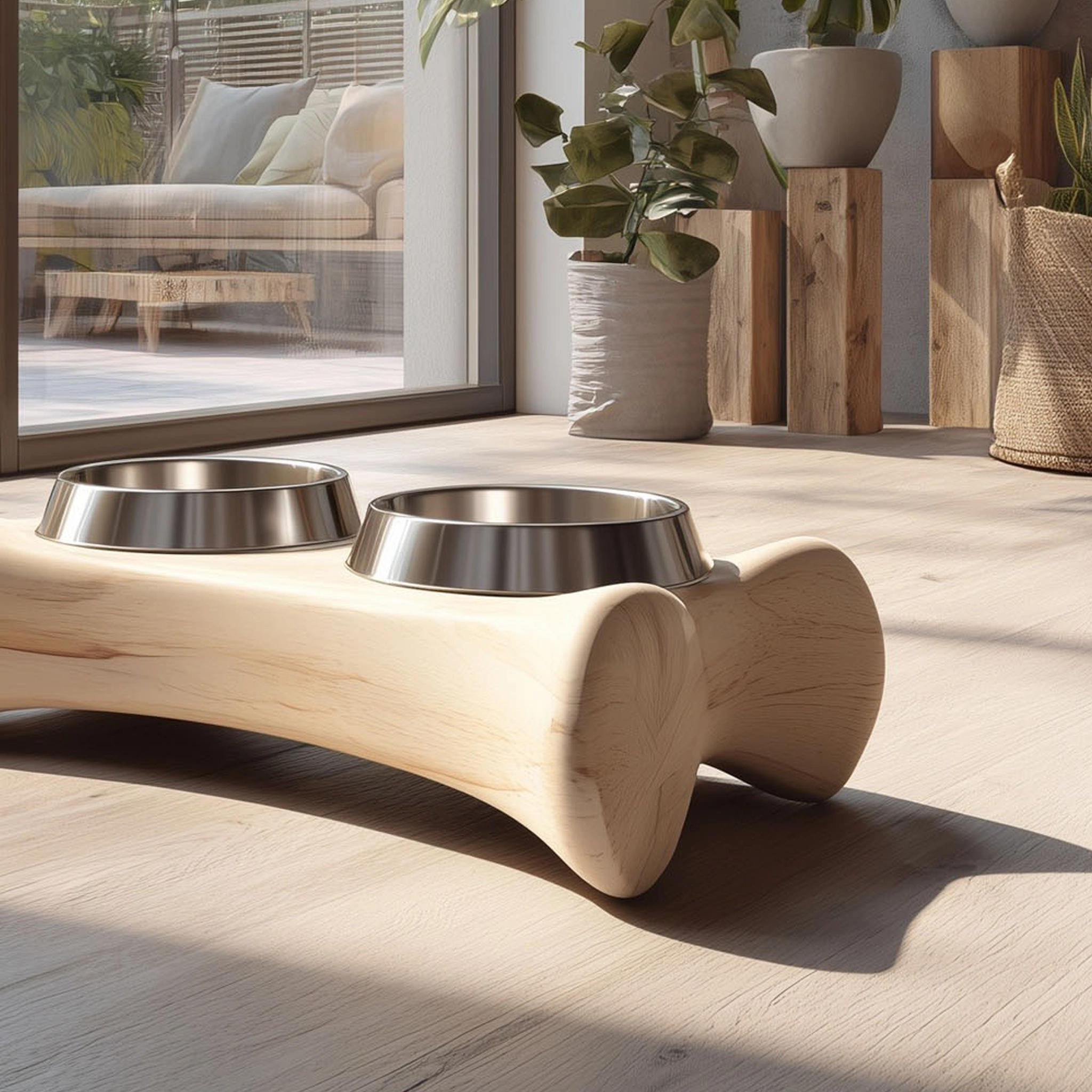 Sculptural Wooden Double Pet Bowl Stand - Image 4