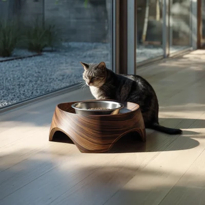 Sculptural Wooden Pet Feeding Bowl Stand