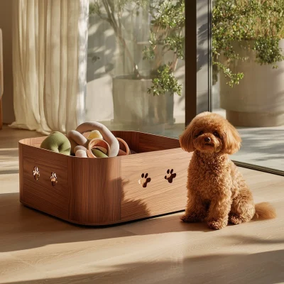 Wooden Pet Toy Storage Tray With Paw Cutout Sides