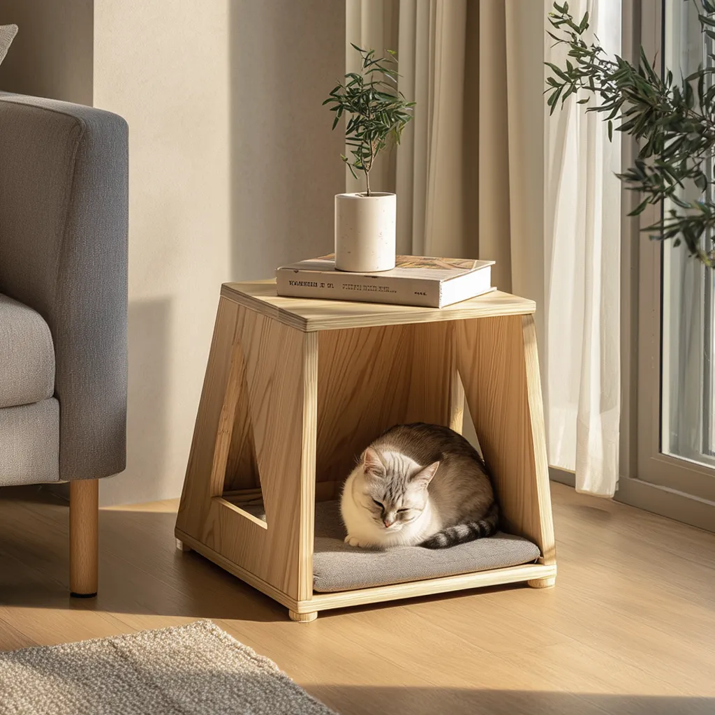 Compact Wooden Side Table Featuring Pet Hideaway