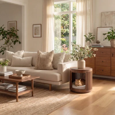 Alternative view of Round Slatted Pet Hideaway Side Table With Soft Cushion