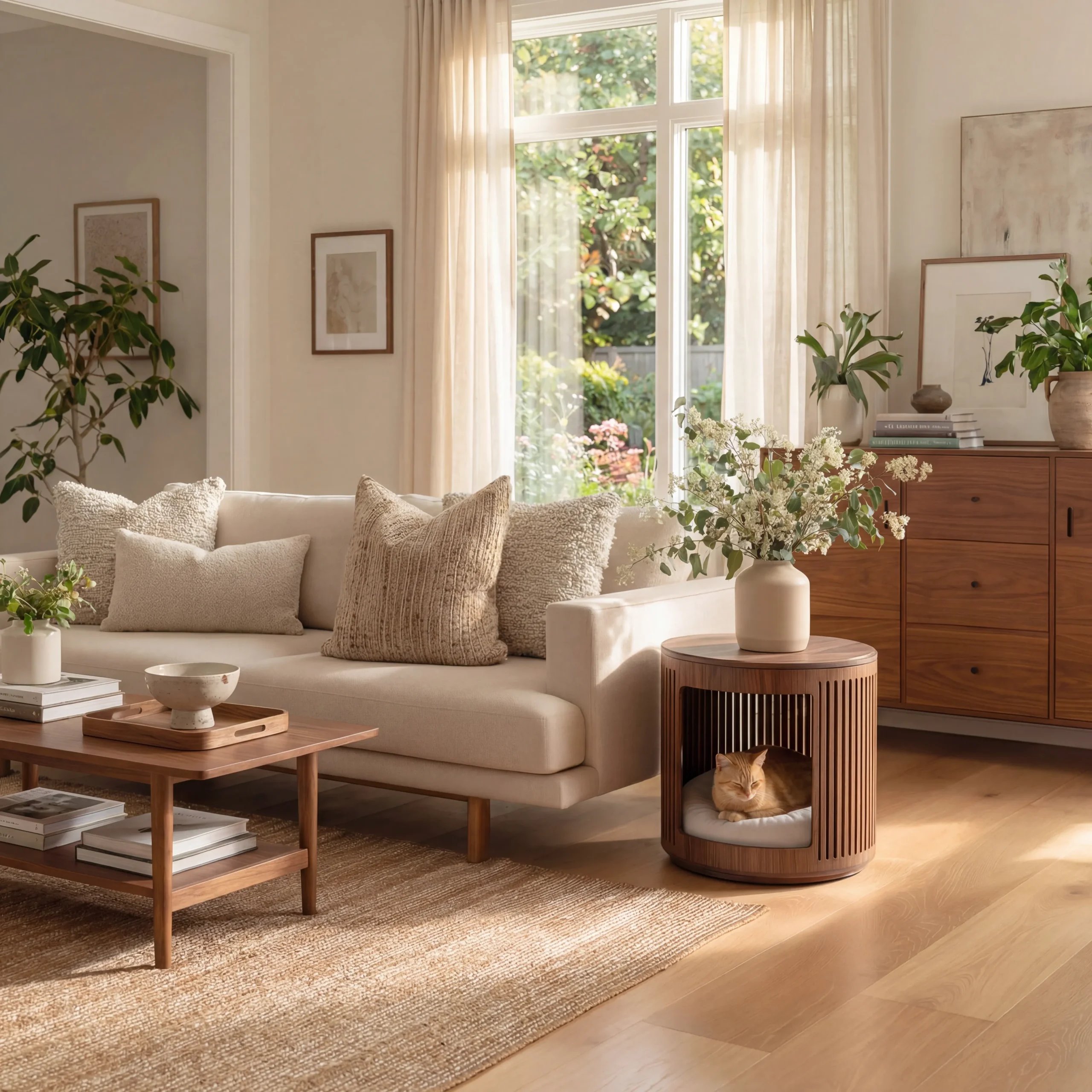 Round Slatted Pet Hideaway Side Table With Soft Cushion - Image 2