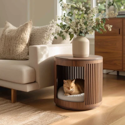 Round Slatted Pet Hideaway Side Table With Soft Cushion