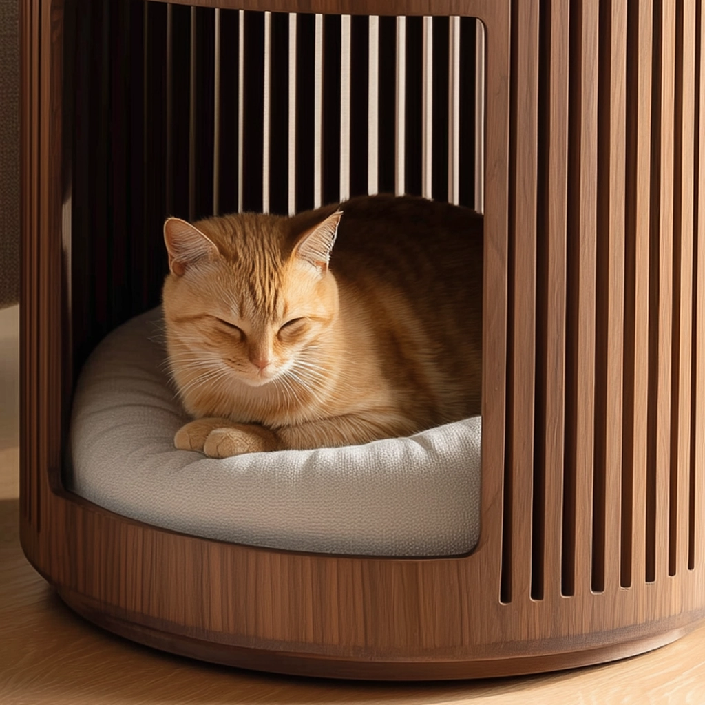 Round Slatted Pet Hideaway Side Table With Soft Cushion - Image 4