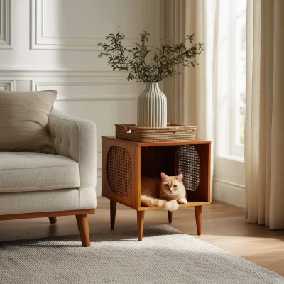 Wooden Cane Pet Hideaway Side Table