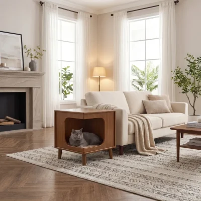 Alternative view of Wooden Pet Hideaway Side Table With Open Cubby Design