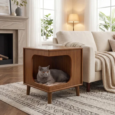 Wooden Pet Hideaway Side Table With Open Cubby Design
