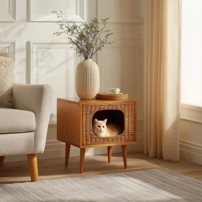 Woven Front Pet Hideaway Side Table With Raised Legs